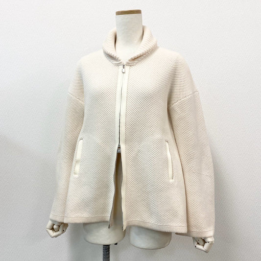 1l14 【極美品】 Loro Piana ロロピアーナ ショールカラー ベビーカシミヤ100% レザーパイピング ローゲージニットカーディガン サイズ38 クリーム ジップカーディガン レディース