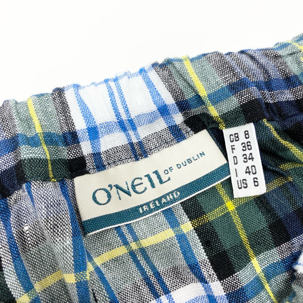 1a8 《美品》 O’NEIL OF DUBLIN オニールオブダブリン Bshop別注 アイルランド製 ロングスカート チェックスカート 8 グリーン系 リネン レディース 女性用u02t