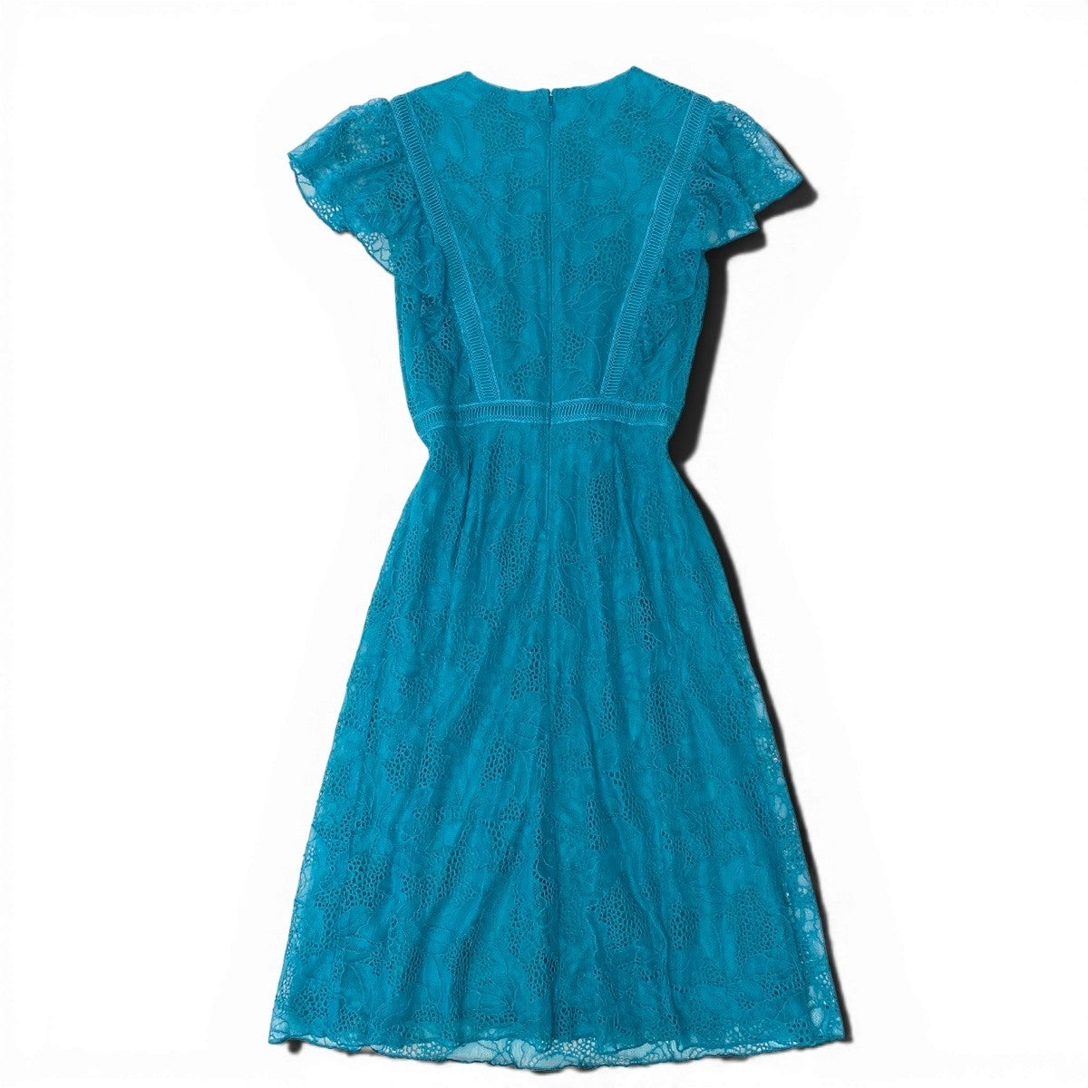 49g18 【美品】TADASHI SHOJI タダシショージ 総レースワンピース ドレス フリル 膝丈 0サイズ エメラルドグリーン レディース 女性用u02t