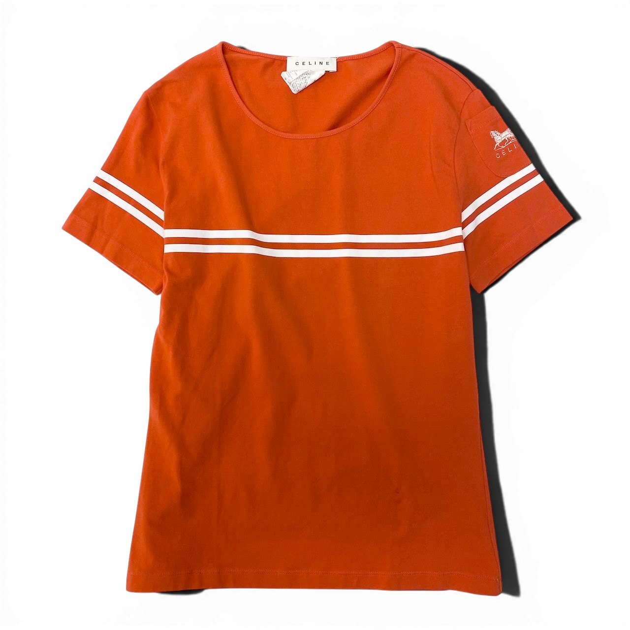 27e11 CELINE セリーヌ クルーベック カットソー 半袖Tシャツ ボーダー ロゴ刺繍 ストレッチ サイズM オレンジ レディース 女性服u02t