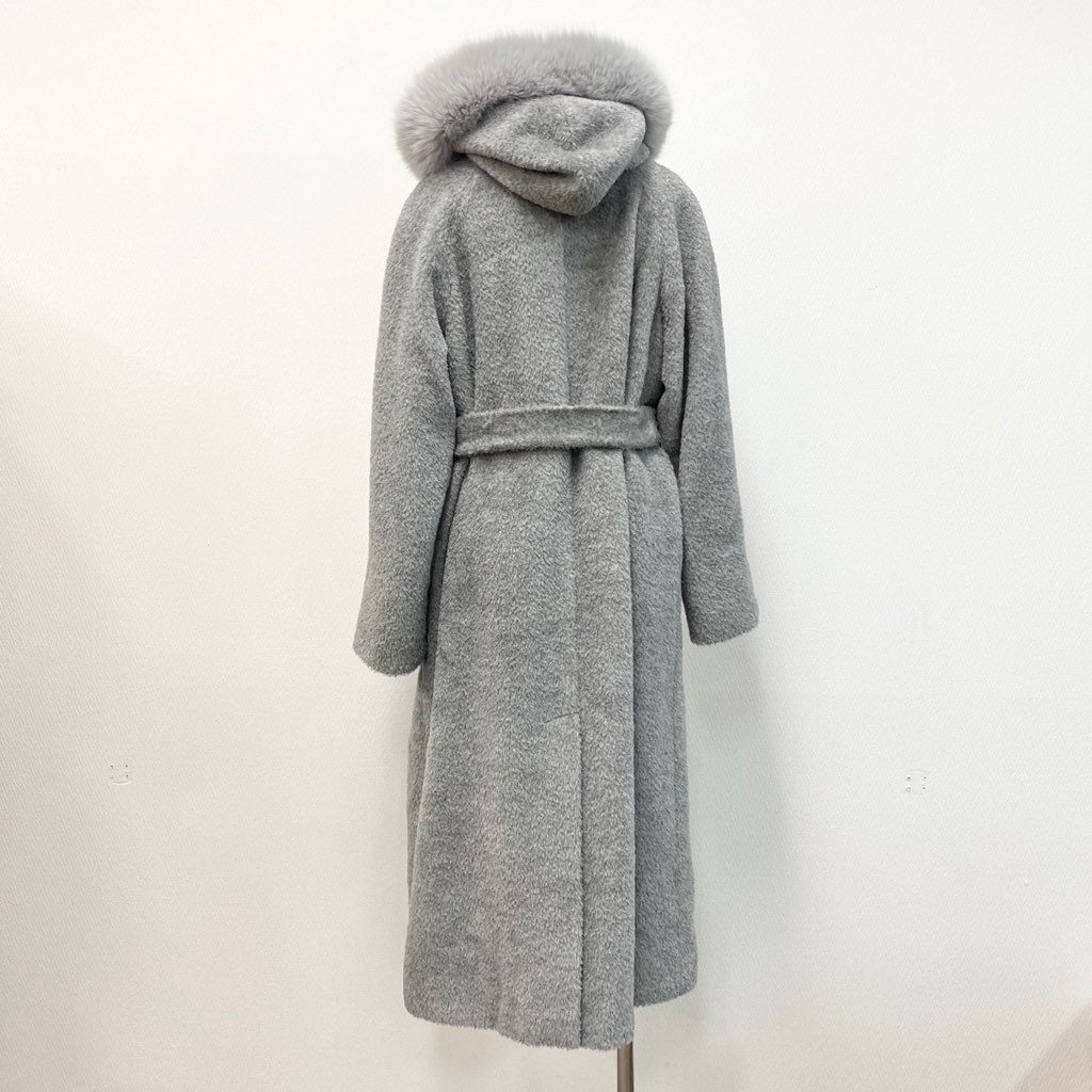 25k7 【イタリア製】MaxMara STUDIO マックスマーラ スタジオ  アルパカコート フォックスファー フーデッドコート サイズ42 グレー レディース 女性用 アウター コート