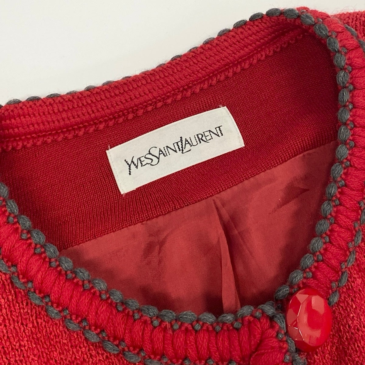 78f2 YVES SAINT LAURENT イヴサンローラン ノーカラー ニットジャケット ニットカーディガン ウールブレンド サイズM レッド レディース 女性服o07t