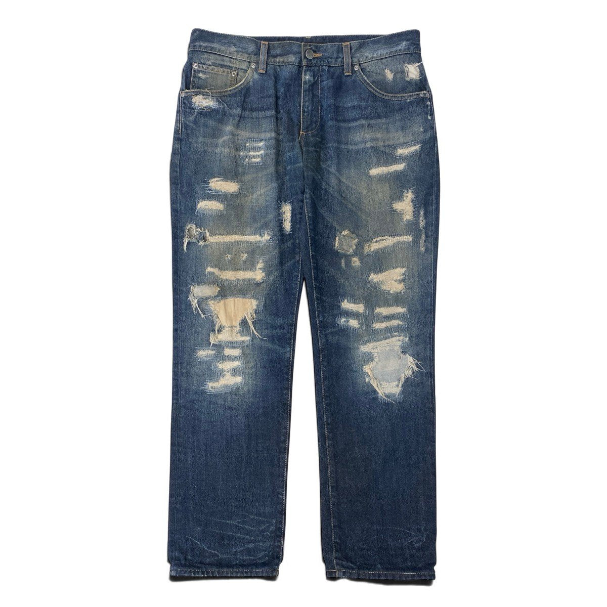 31h18 DOLCE＆GABBAN ドルチェアンドガッバーナ  デニムパンツ 14stretch ジーンズ イタリア製 ダメージ加工 ロゴプレート 48 インディゴブルー コットン100％ メンズ 男性用o07t