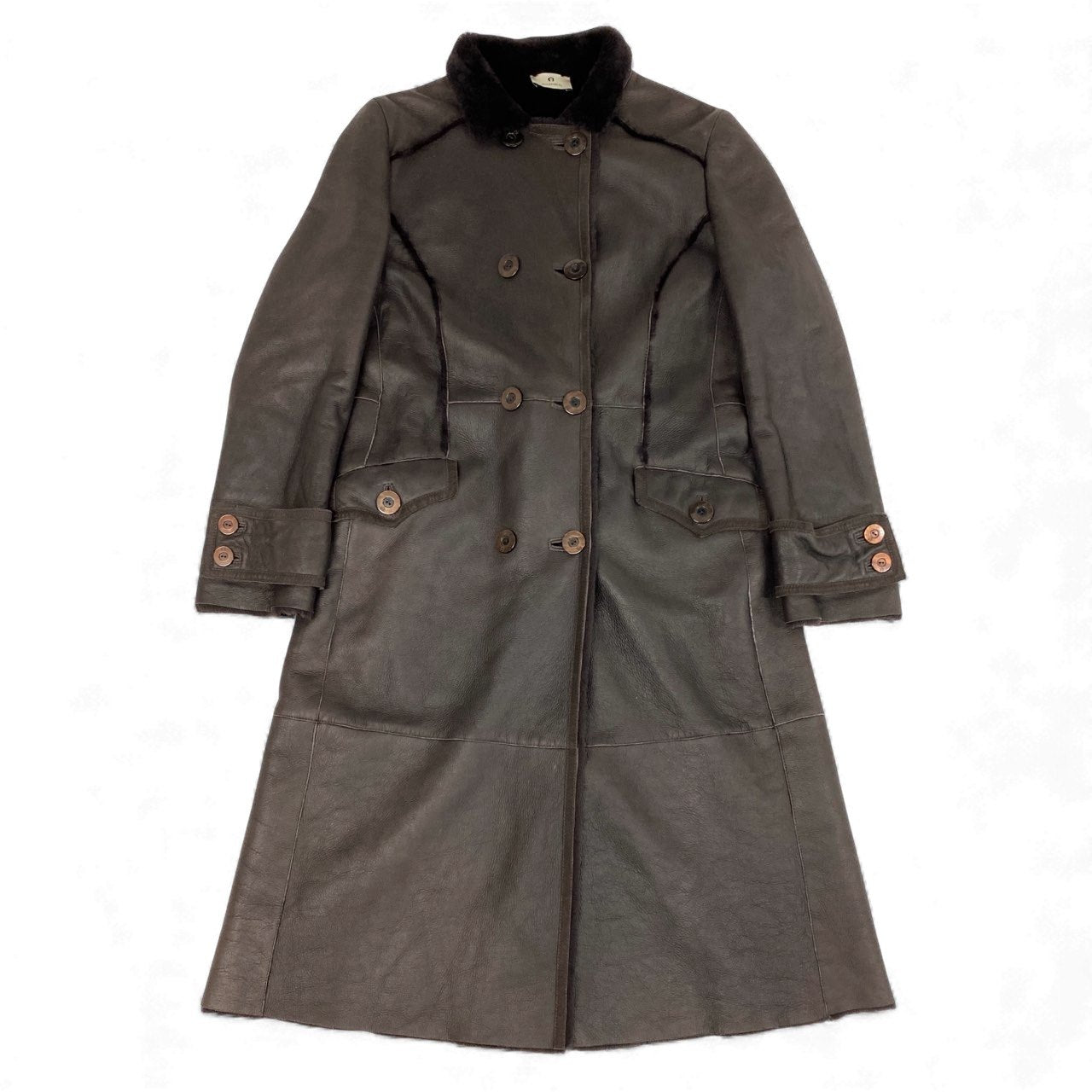 60l16 AIGNER アイグナー ムートンコート ロングコート レザーコート ダブル 46 ブラウン ムートン レディース イタリア製u02t