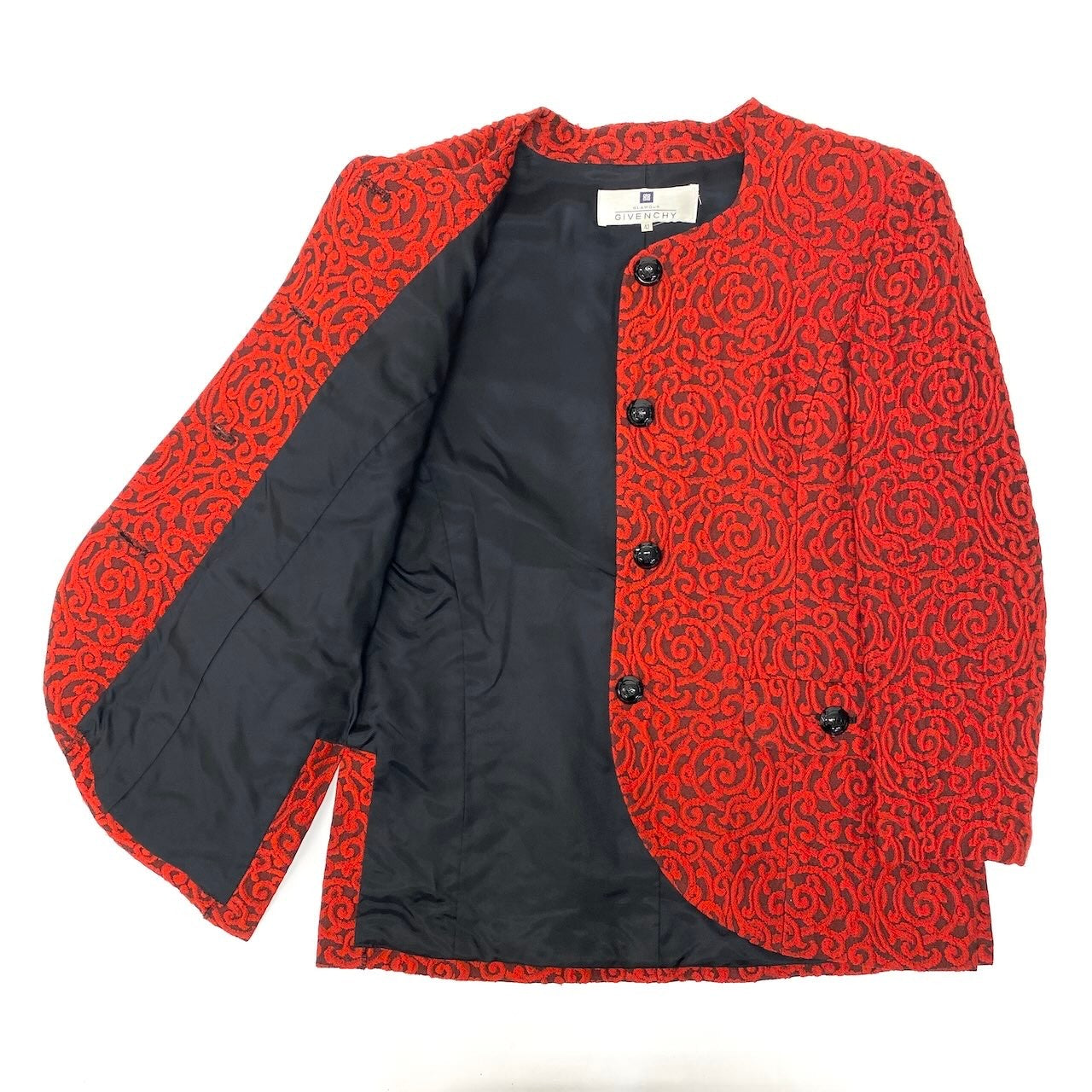 Id23 GIVENCHY ジバンシー ノーカラージャケット ロングジャケット 総柄 立体刺繍 ロゴボタン サイズ42 レッド レディース 女性用u02t