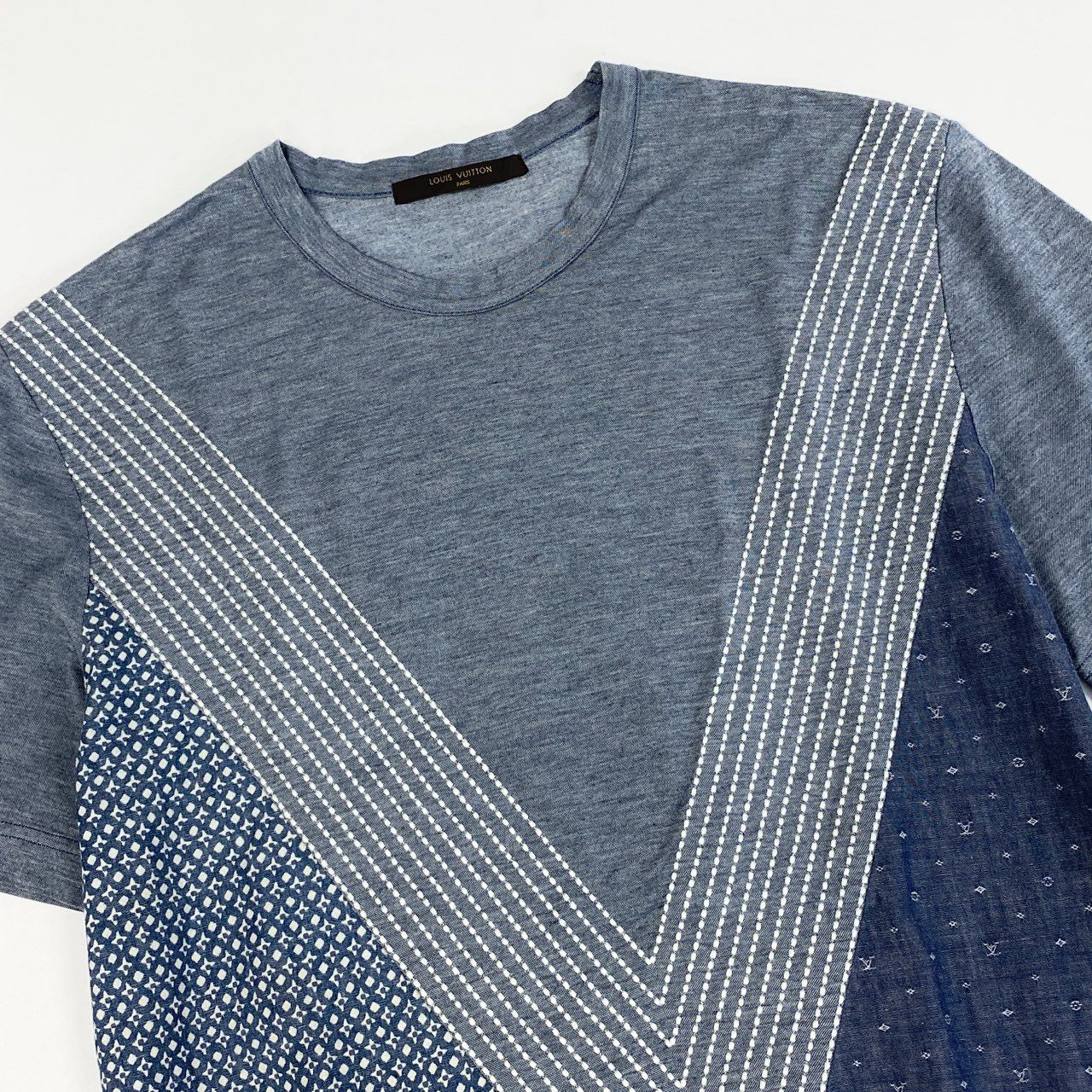 Mc18 LOUIS VUITTON ルイヴィトン パッチワーク モノグラム 半袖Tシャツ カットソー ステッチデザイン メンズ 紳士服 S ブルー系 コットン100％ta1