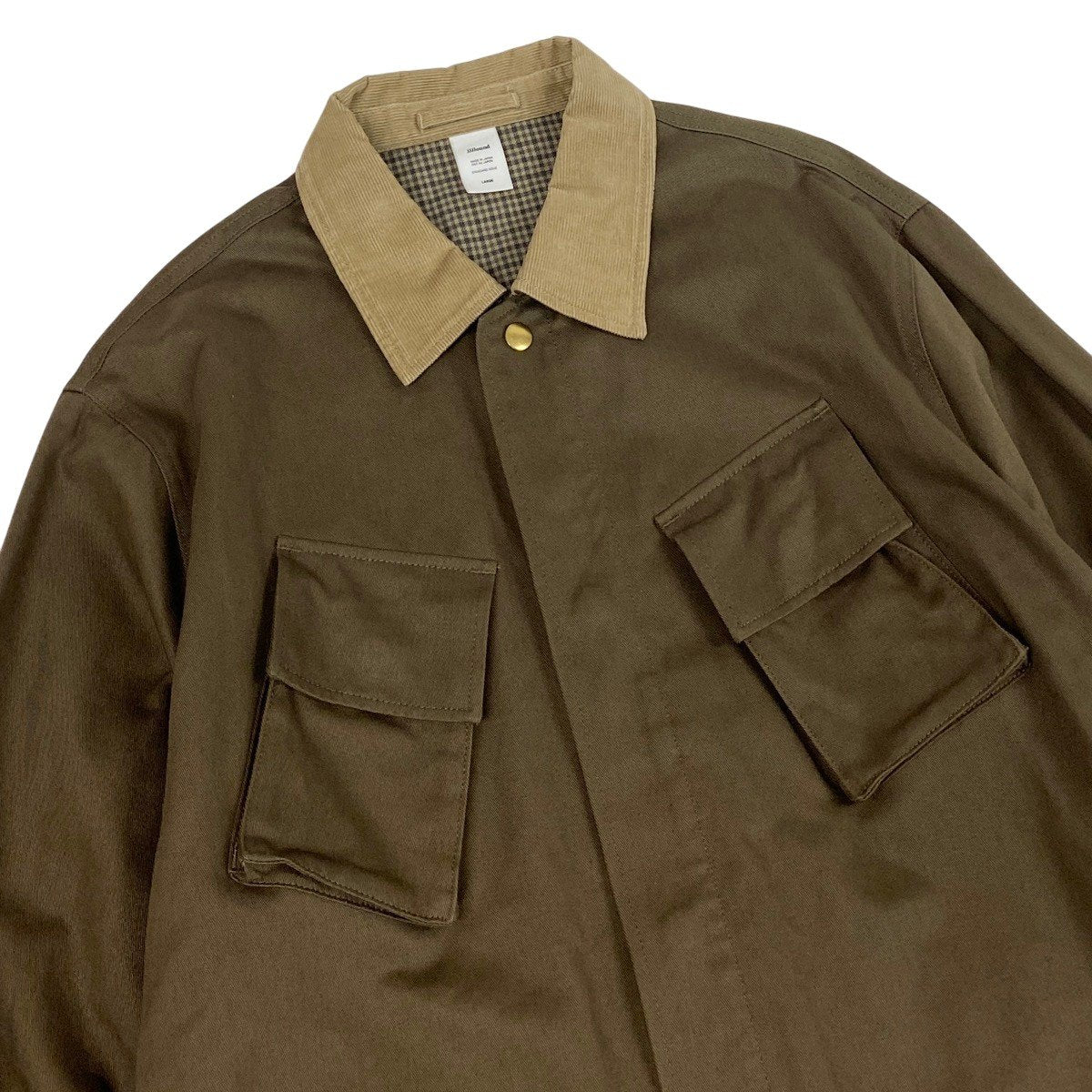 50f29 【美品】 JJJJound ジョウンド ミリタリージャケット コーデュロイ切替 4ポケット 裏地チェック柄 サイズL カーキ メンズ 紳士服o07t