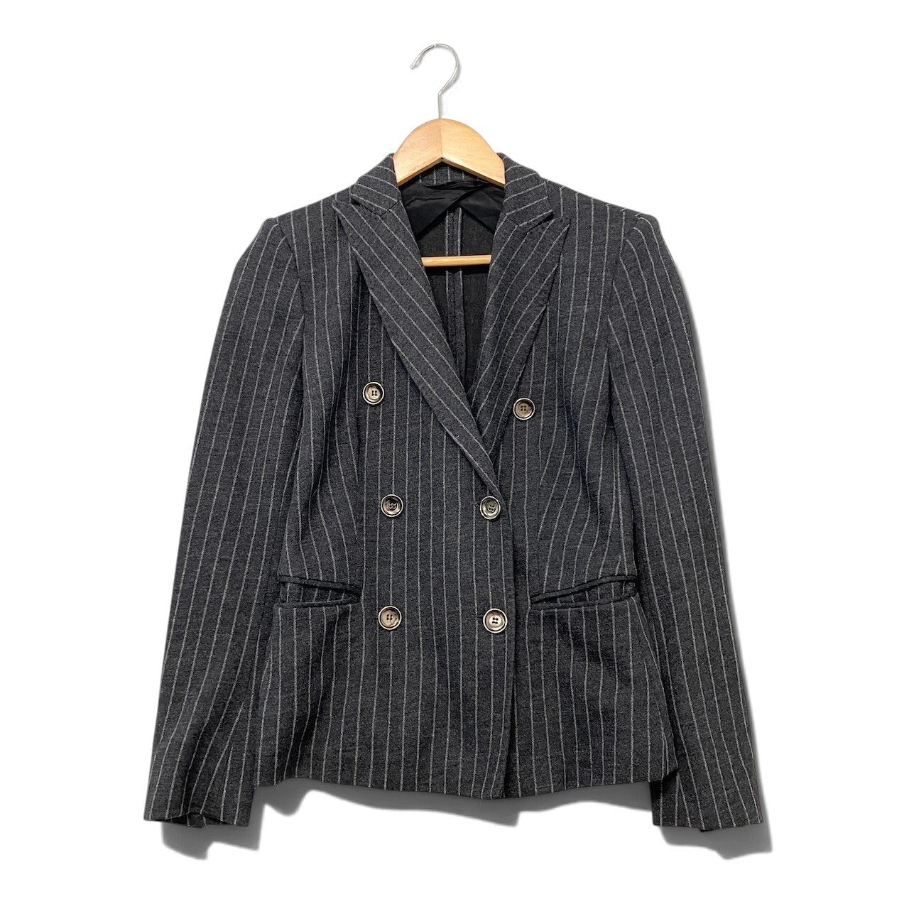 65i1 MaxMara マックスマーラ テーラードジャケット アンコンジャケット ストライプ柄 サイズ36 イタリア製 ダークグレー レディースu02t