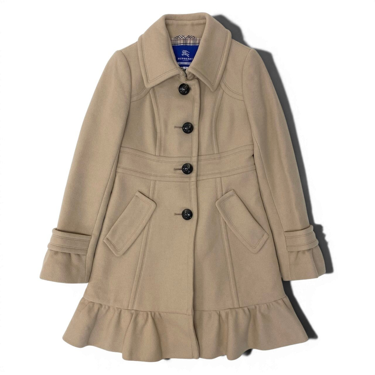 92g27 BURBERRY LONDON BLUE LABEL バーバリーロンドン ブルーレーベル Aラインコート アンゴラウール混 裏地ノバチェック 裾フリル サイズ36 ベージュ レディース 女性用o07t