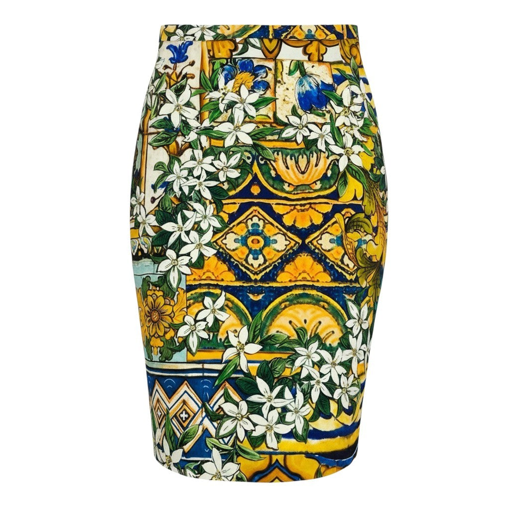 g13 【極美品】DOLCE＆GABBANA ドルチェアンドガッバーナ シルクスカート マヨルカ花柄 膝丈 イタリア製 38サイズ マルチカラー レディース 女性用u02t
