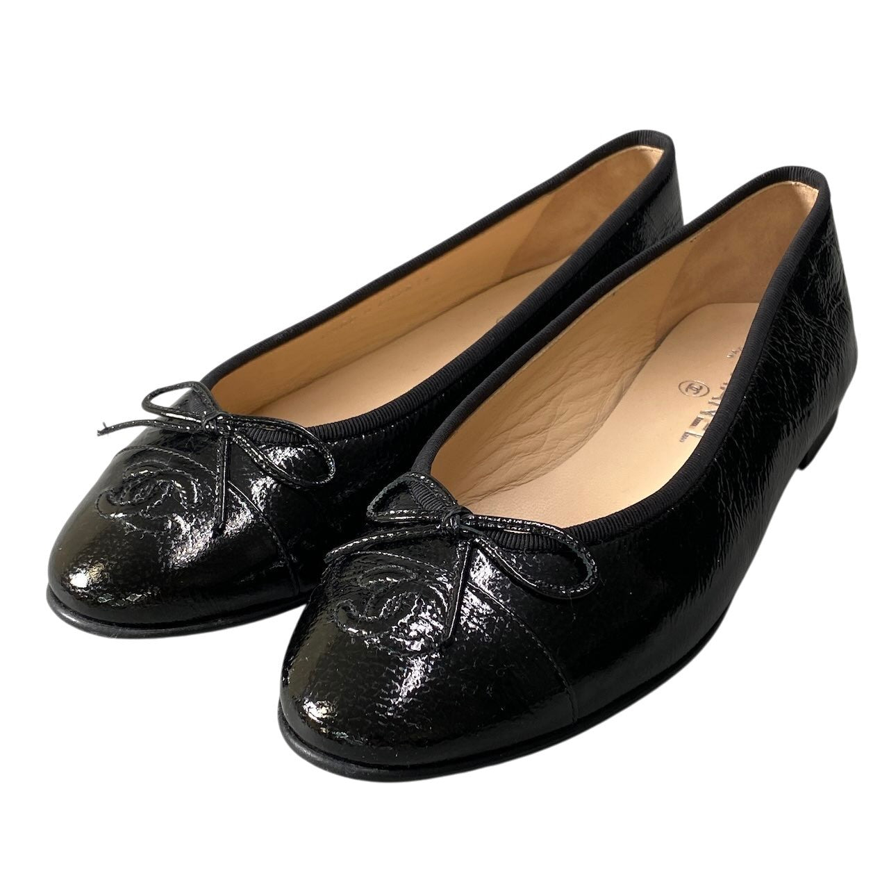 e13 CHANEL ココマーク刺繍 レザーバレエシューズ フラットパンプス 38 1/2サイズ ブラック レザー レディース 女性用k02i