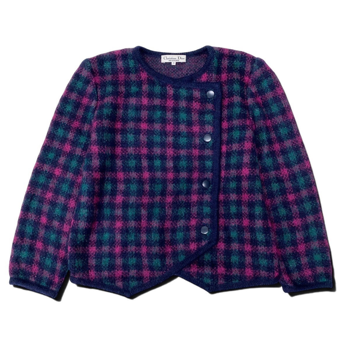82h25 Christian Dior クリスチャンディオール ノーカラー ニットジャケット チェック柄 ウールブレンド M マルチカラー レディースo07t