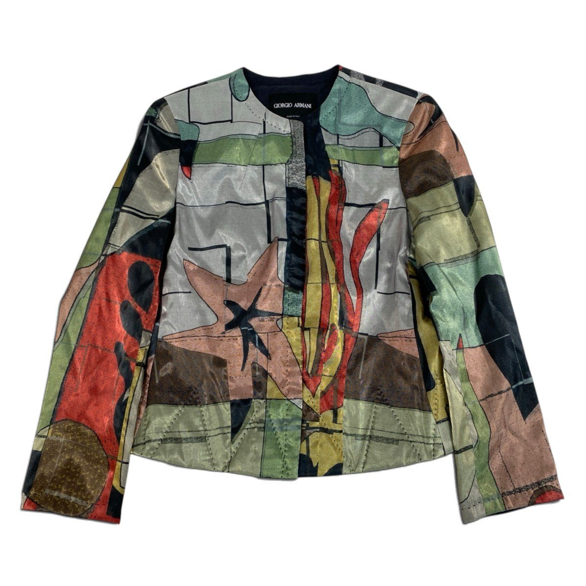 78j6 【美品】GIORGIO ARMANI ジョルジオアルマーニ ノーカラージャケット  アートプリント イタリア製 38サイズ マルチカラー レディース 女性用u02t