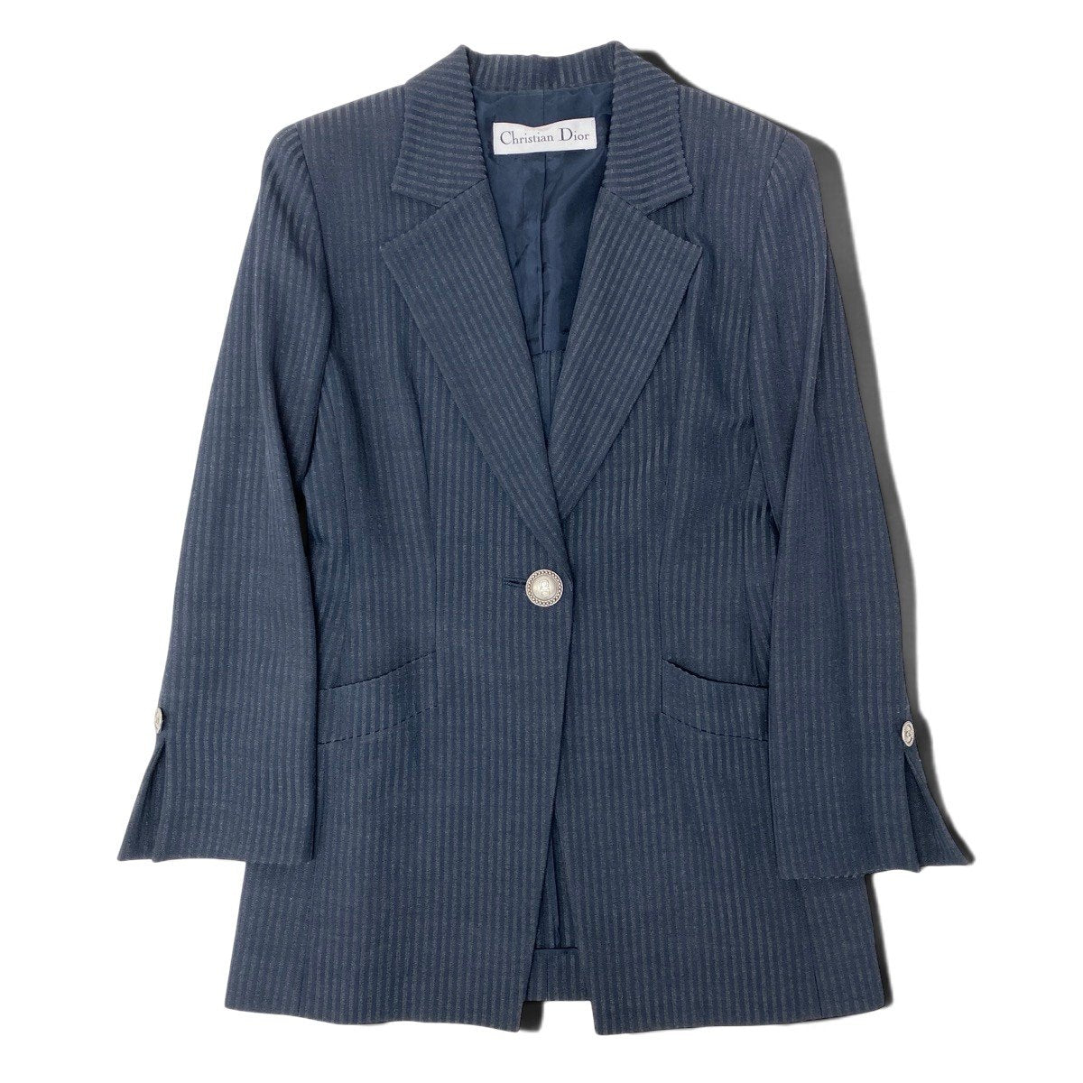 Eh10 Christian Dior クリスチャンディオール テーラードジャケット ロゴボタン ストライプ柄 ネイビー レディースo07t