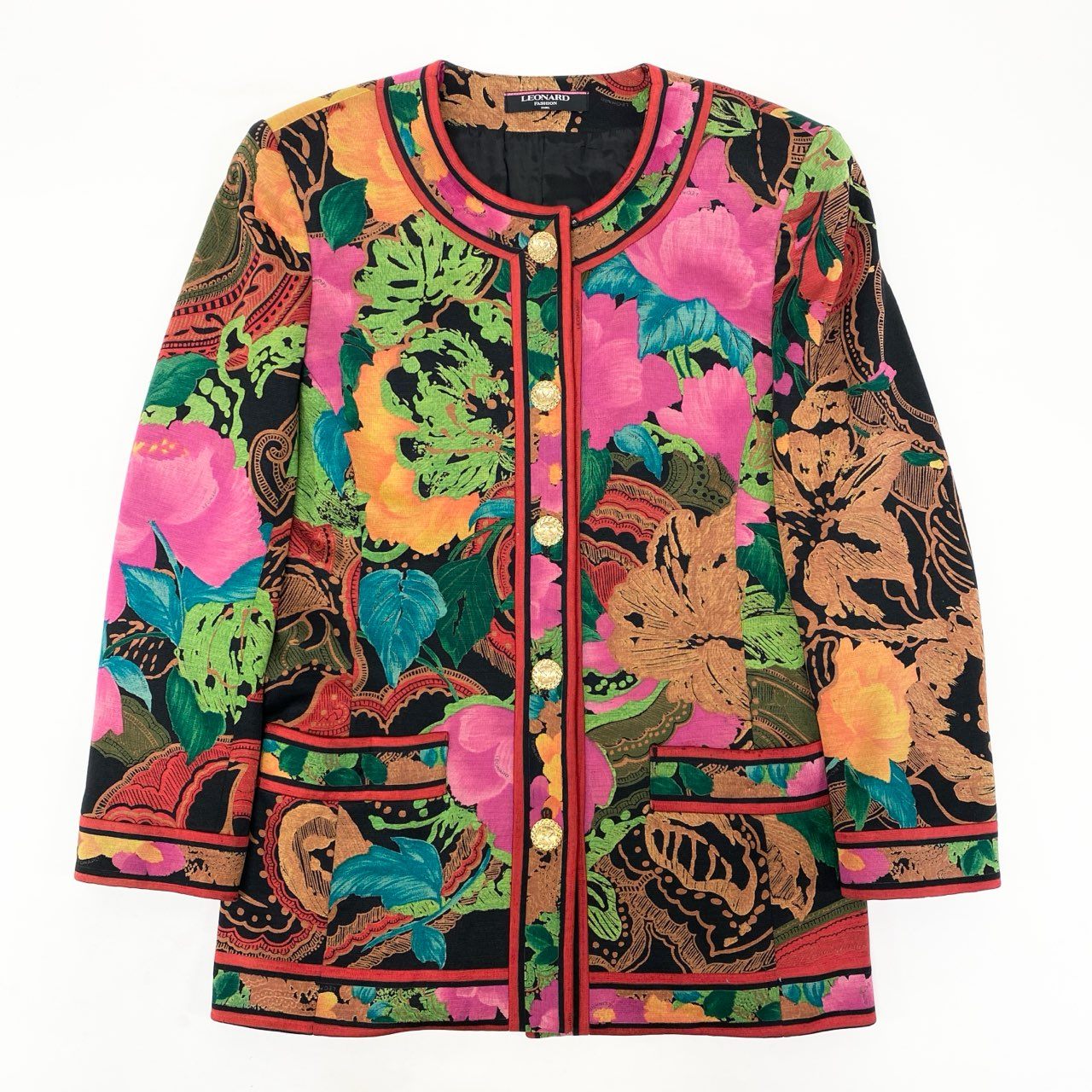 58k22 LEONARD FASHION レオナール ノーカラージャケット ロングジャケット 美しい花柄プリント 金ボタン シルクウール レディース 女性用 9AR マルチカラーu02t
