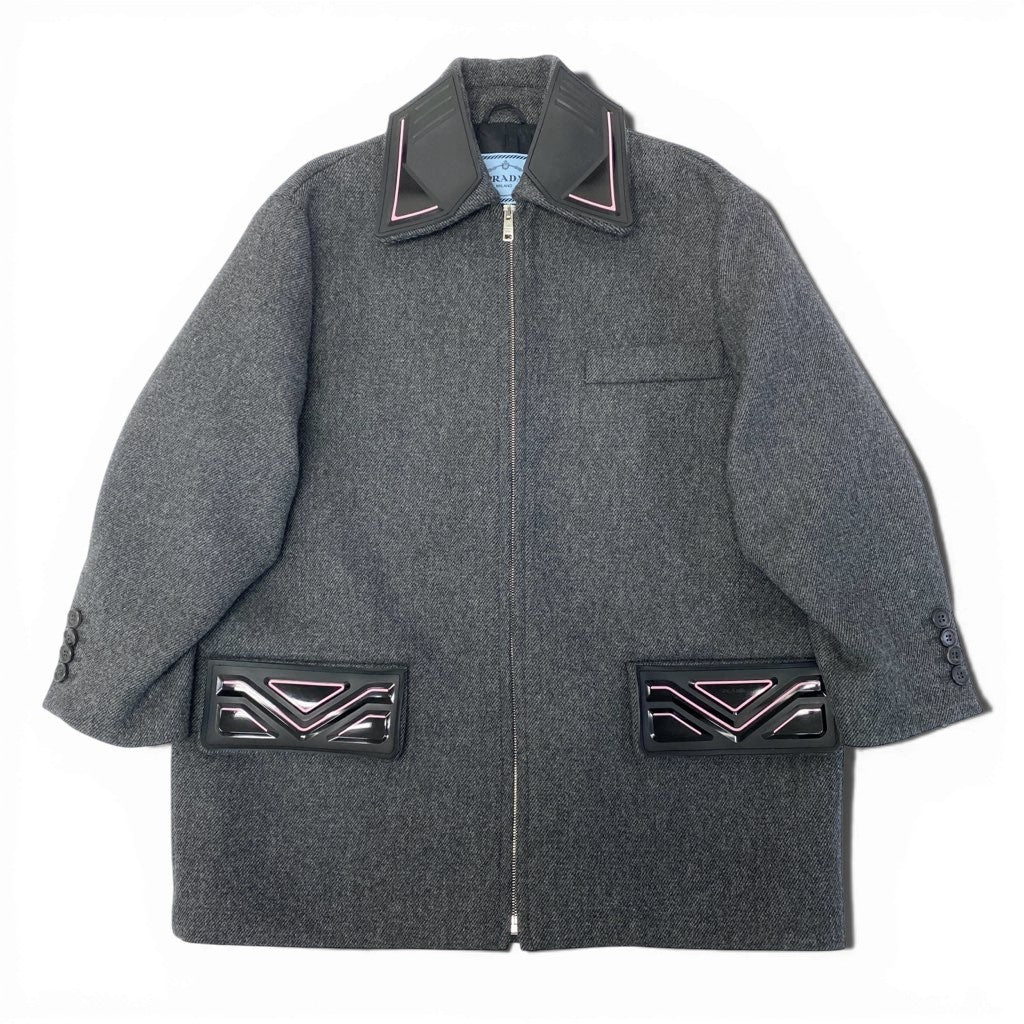 30a9 【美品】 PRADA プラダ ウールジップジャケット ロングジャケット 三角ロゴ トライアングルデザイン  レディース 女性用 38 グレーo07t