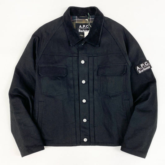 38d28 【新品タグ付き】 A.P.C. × Babour  アーペーセー バブアー SPEY スペイ デニムジャケット Gジャン 251MCAS173 サイズL ブラック 25ss 腕章ワッペン ノンワックス