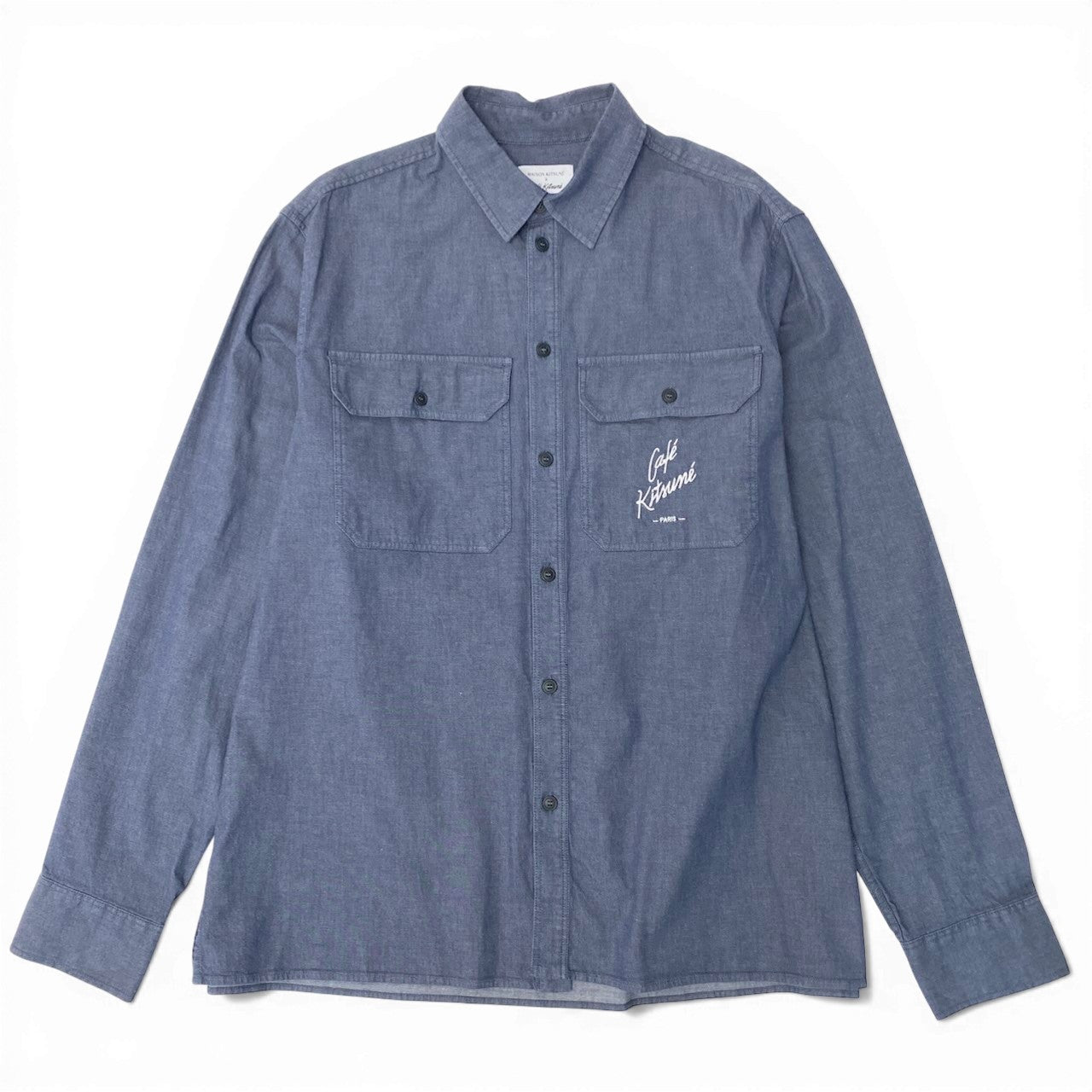 43c30 【未使用タグ付】 MAISON KITSUNE × Café Kitsune メゾンキツネ オーバーサイズ デニムシャツ ロングスリーブ ロゴ刺繍 メンズ 紳士服 IM00473WC2009 L ネイビーo07t