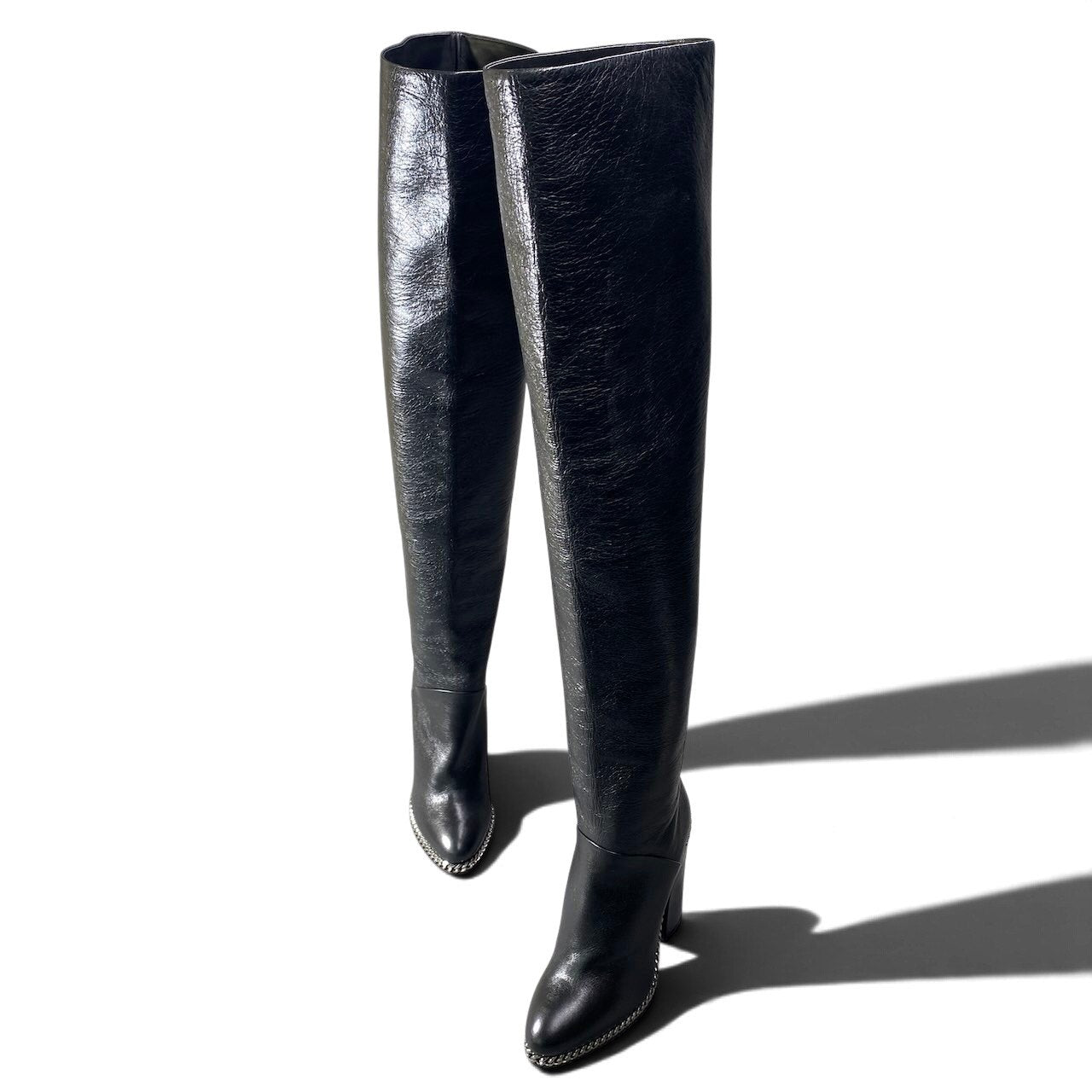 h10 【新品保管品】BALMAIN Emma エマ ニーハイブーツ メタルチェーン イタリア製 36サイズ ブラック レザー レディース 女性用k02i