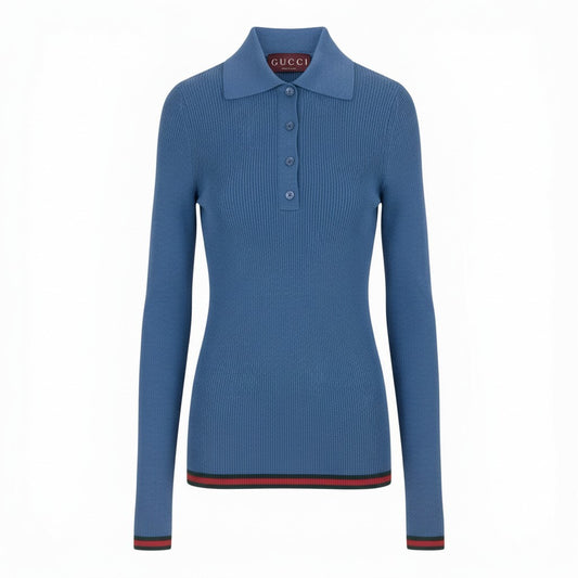 Ab13【新品保管品】GUCCI グッチ 2026 カシミヤシルク ポロニット シェリーライン Cashmere Silk Polo Knit XSサイズ ブルー レディース 女性用ta1