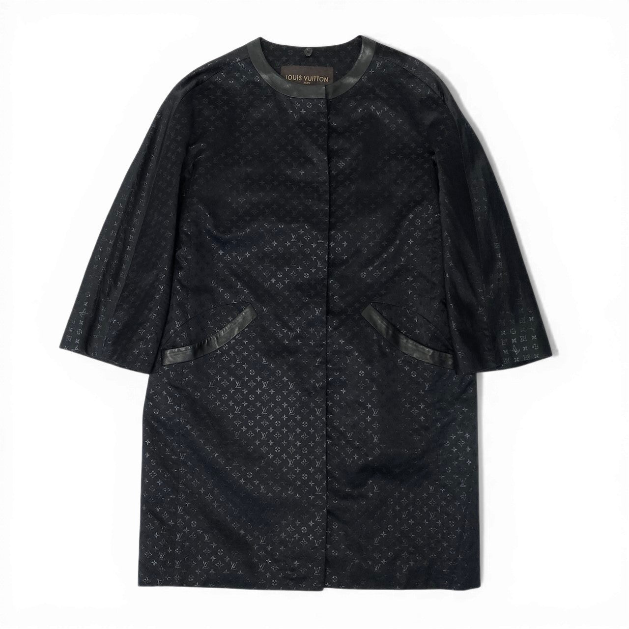 I LOUIS VUITTON ルイヴィトン モノグラムロングコート ノーカラー シルク混 イタリア製 42サイズ ブラック レディース 女性用nu1