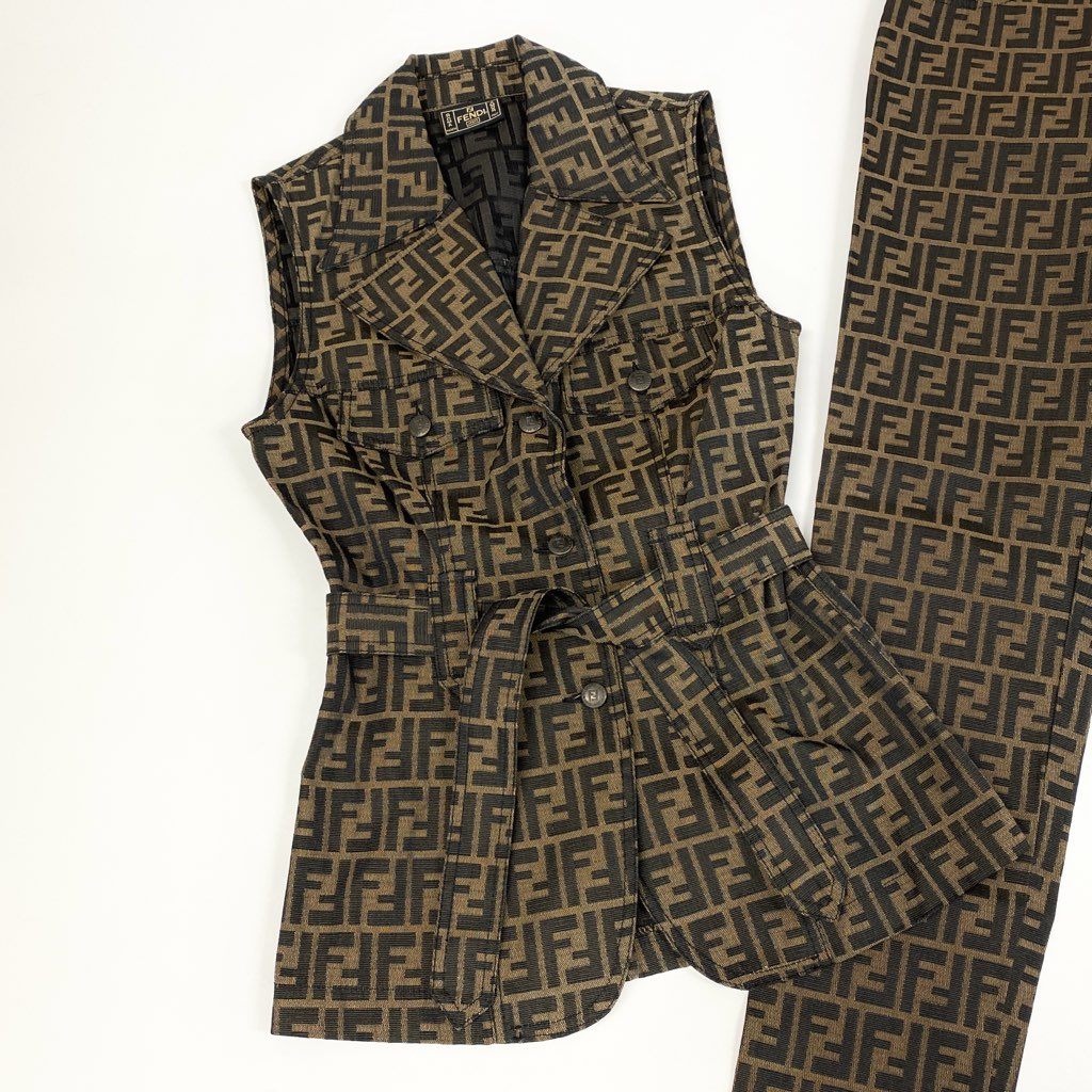 32l24【美品】FENDI フェンディ Vintage ズッカ柄 セットアップ ボトムパンツ ジャケットベスト 42サイズ ベージュ ブラック レディースk02i