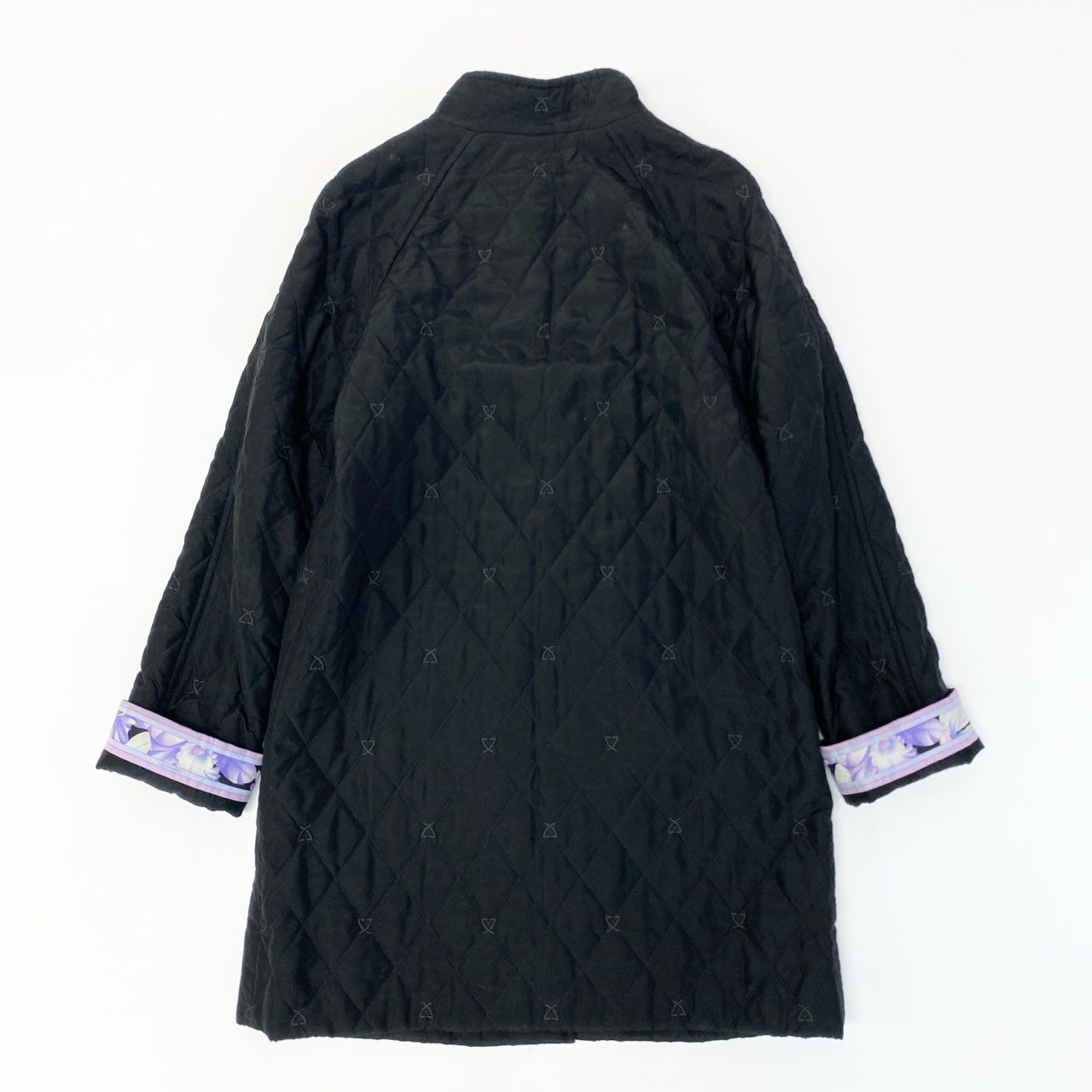 86a16 LEONARD FASHION レオナール キルティングジャケット ロングジャケット 中綿コート ロゴ刺繍 裏地花柄プリント シルク100％ レディース 女性用 40 ブラックo07t