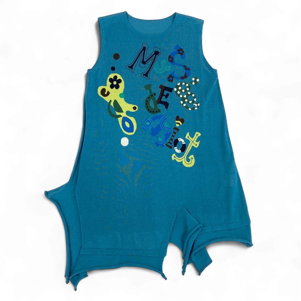 41k26 《美品》 TOKUKO 1er VOL トクコプルミエヴォル ノースリーブ ニットワンピース アルファベット刺繍 花柄 レディース 女性用 9 ブルー系u02t