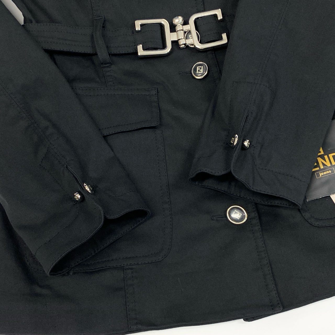 Ed10 【デッドストック】 Vintage FENDI フェンディ ベルテッドコート 薄手ジャケット FFロゴボタン 42 ブラック コットンu02t