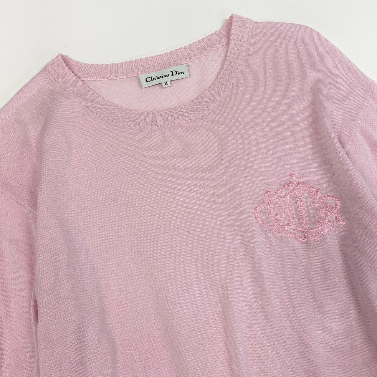12a23 Christian Dior クリスチャンディオール 半袖ニット サマーセーター トップス エンブレム刺繍 M ピンク コットン レディースu02t