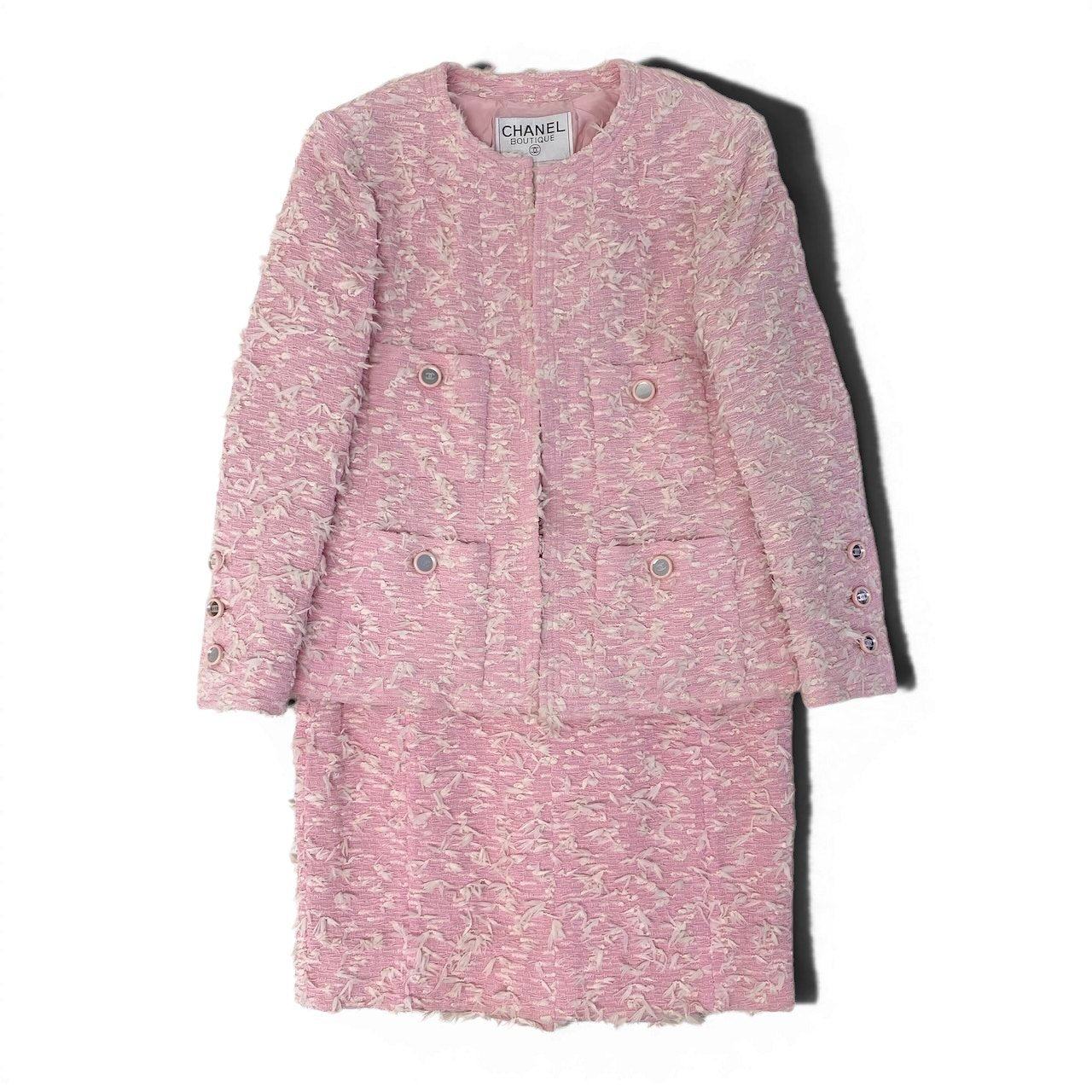 Ce27 CHANEL BOUTIQUE シャネル 1995年 ファンシーツイード ジャケット 4つポケット ココマーク ミラーボタン ピンク レディース 女性服tta1