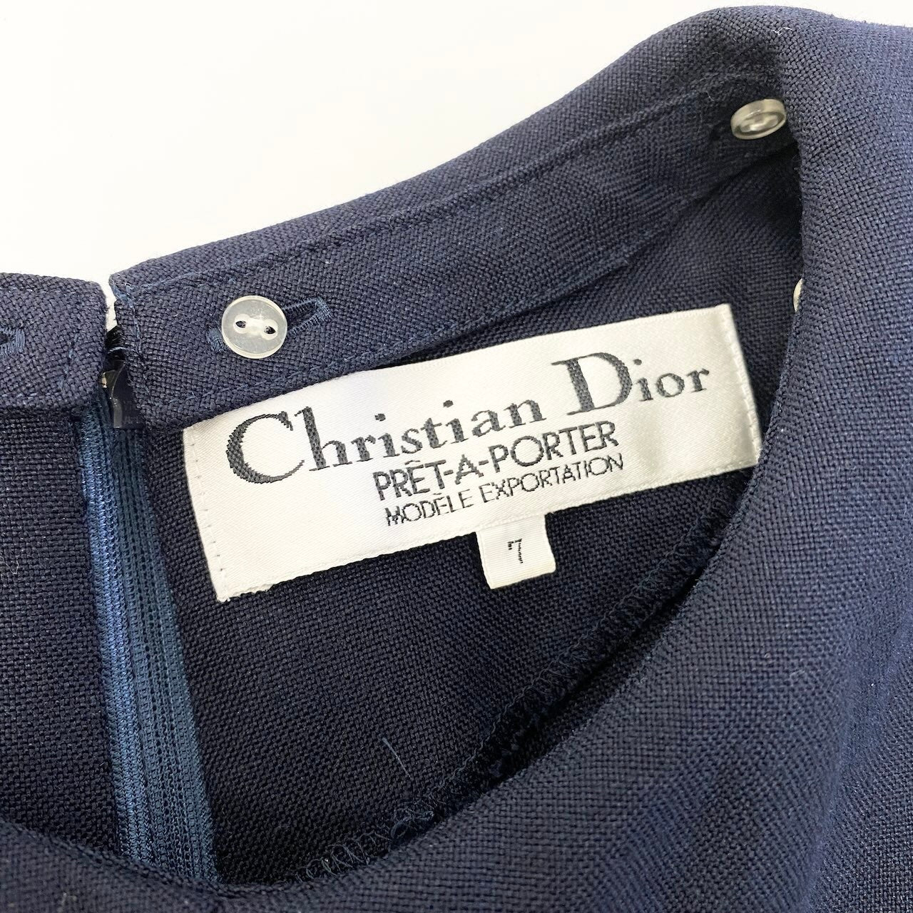 66d27 Christian Dior クリスチャンディオール つけ襟 ロングワンピース 半袖ワンピース 2way 裾レース リネンブレンド サイズ7 ネイビー レディース 女性用u02t