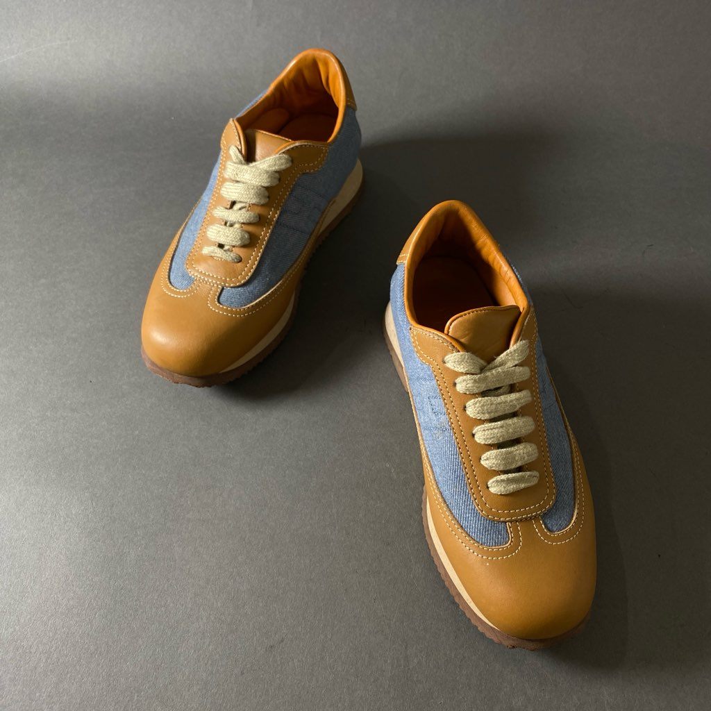 2h3 《美品》 HERMES エルメス Quick Leather Sneakers クイック レザー スニーカー 36 1/2 ブラウン ブルー Leather シューズ イタリア製