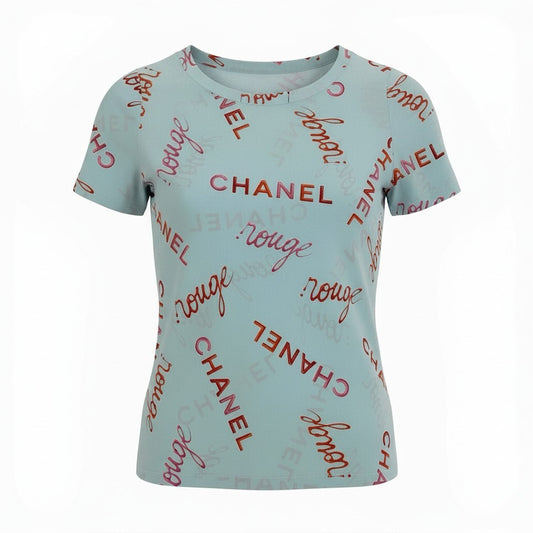 44a15 【archive】CHANEL ヴィンテージ シャネル 1996年 96P ロゴプリント シルクブラウス 半袖ブラウス サイズ36 ブルー系 レディース トップスta1