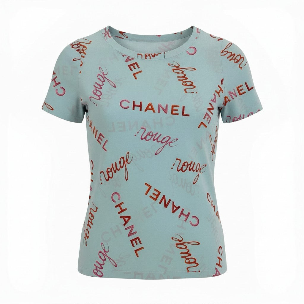 Ca15 【archive】CHANEL ヴィンテージ シャネル 1996年 96P ロゴプリント シルクブラウス 半袖ブラウス サイズ36 ブルー系 レディース トップスta1