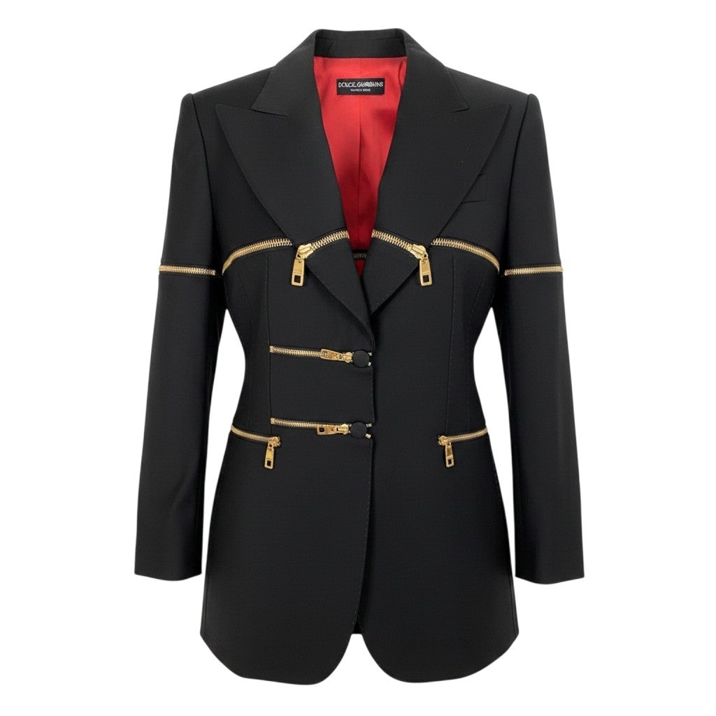 h31 【美品】DOLCE&GABBANA テーラードジャケット ジップデザイン イタリア製 36サイズ ブラック レディース 女性用k02i