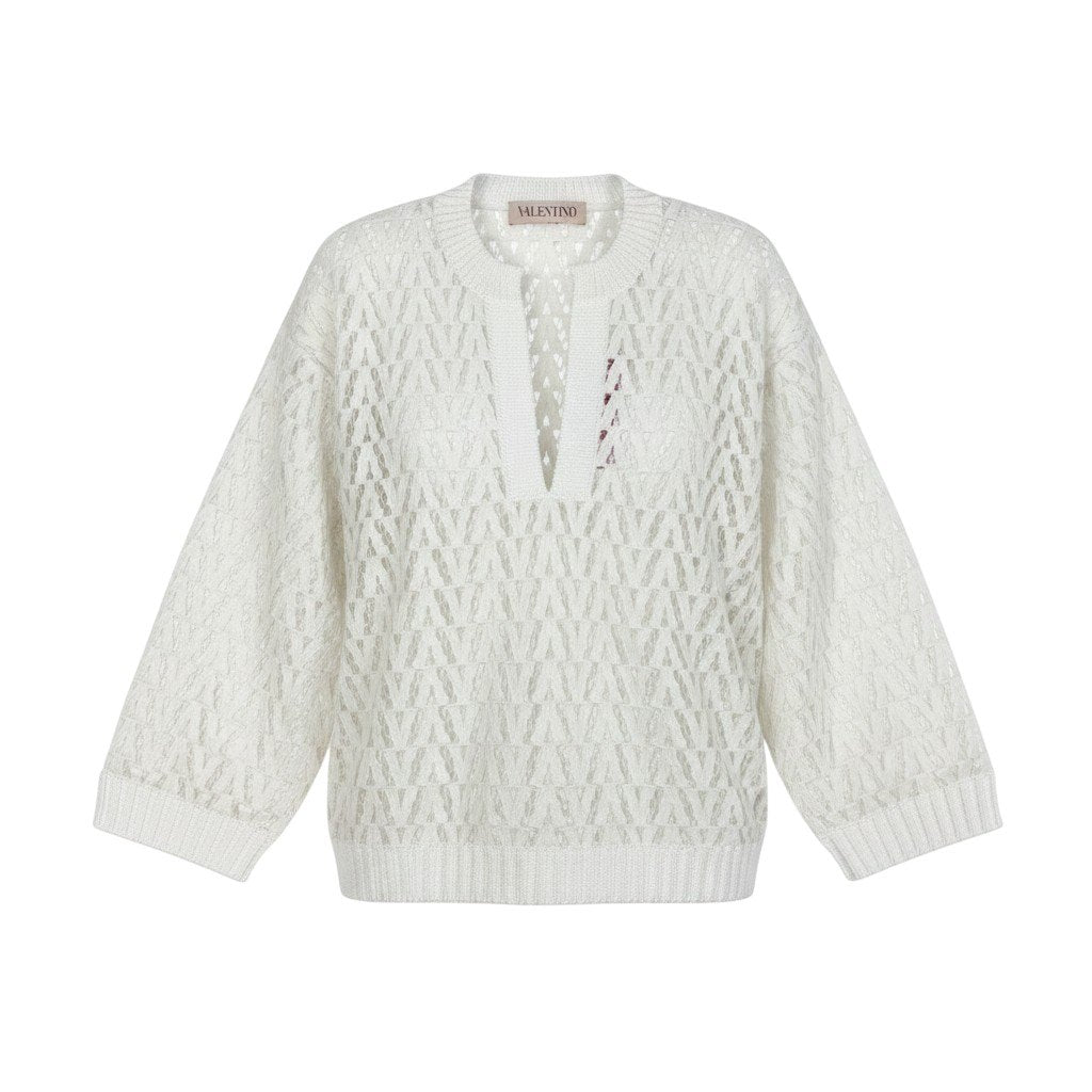 Eg10 【未使用保管品】 VALENTINO ヴァレンティノ Vロゴレース ロングスリーブ レースブラウス サイズM ホワイト レディースk02i