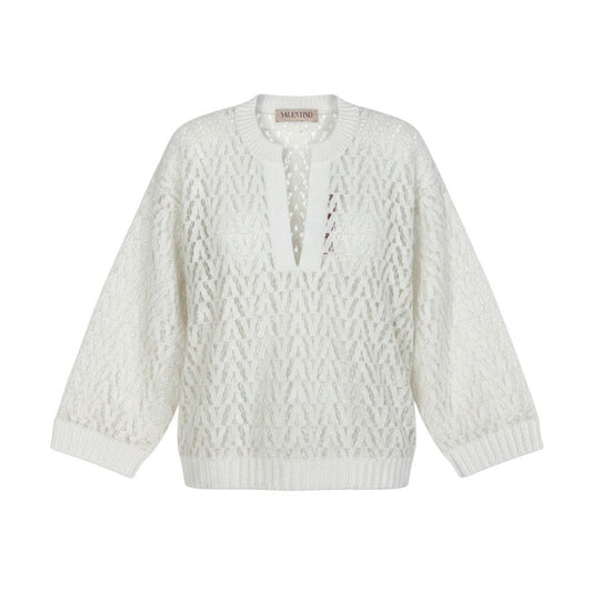 Eg10 【未使用保管品】 VALENTINO ヴァレンティノ Vロゴレース ロングスリーブ レースブラウス サイズM ホワイト レディースk02i