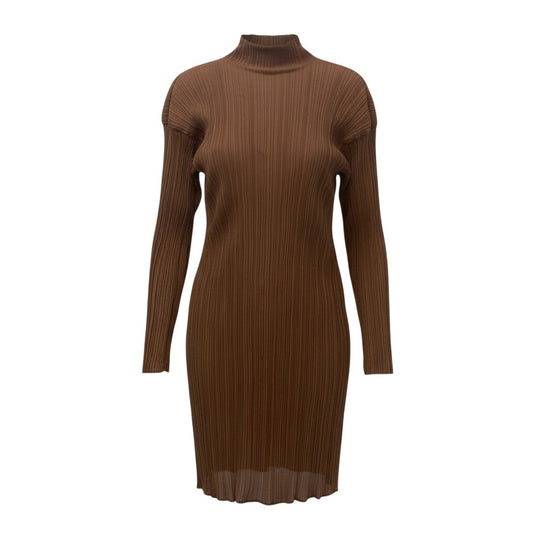 24b16 PLEASE PLEATS プリーツプリーズ プリーツロングスリーブカットソー リバーシブル ハイネック チュニック丈 ブラウン ベージュ レディース 女性用u02t