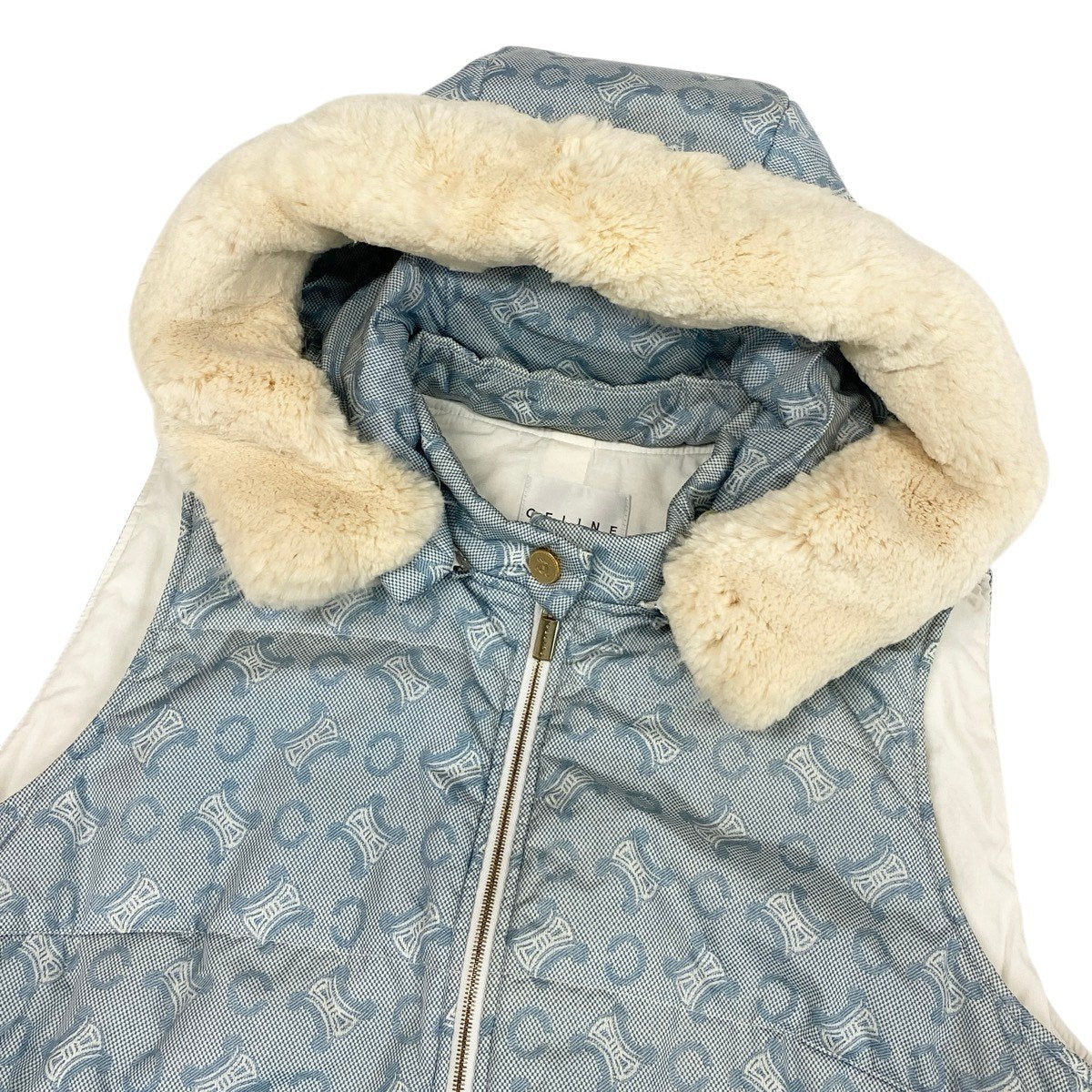 Ch28 CELINE パファーベスト マカダム柄 ラビットファー 38サイズ ブルー ホワイト ナイロン100％ レディース 女性用k02i