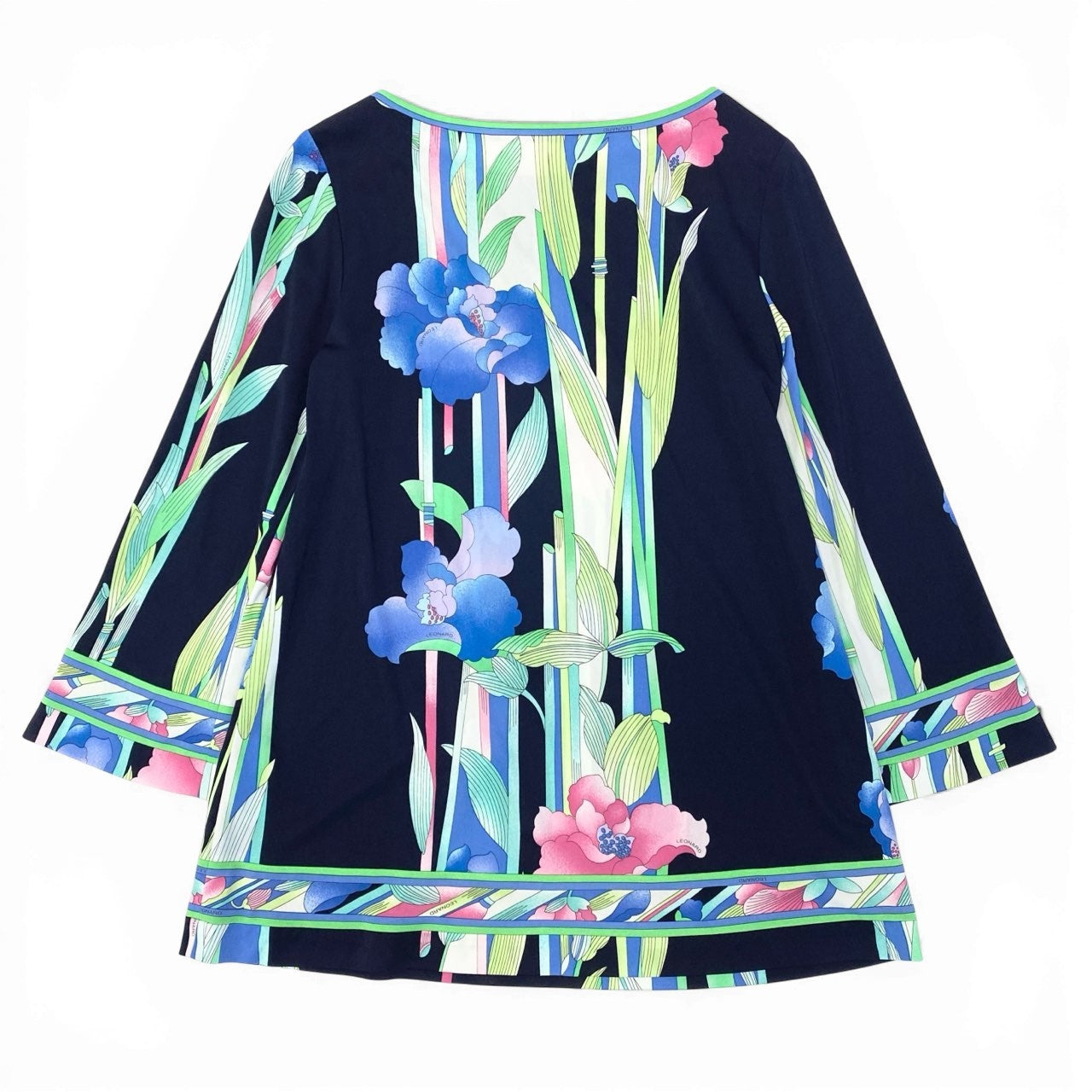 72a28 LEONARD レオナール 長袖カットソー チュニック カンカン素材 美しい花柄プリント 38サイズ マルチカラー レディース 女性用o07t
