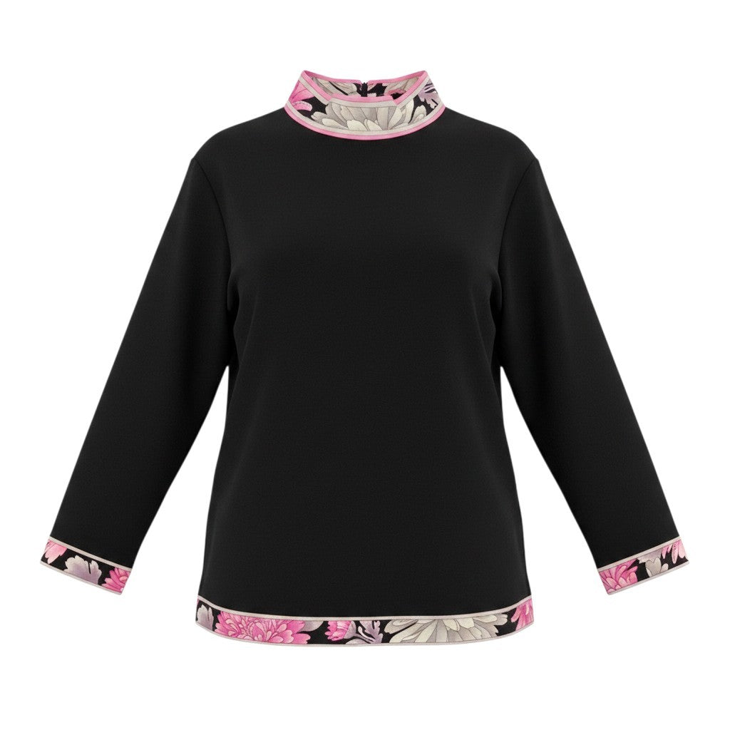 75f10 LEONARD FASHION レオナール ロングスリーブカットソー ハイネック カンカン素材 切替花柄プリント サイズL ブラック ピンク レディース 女性服u02t