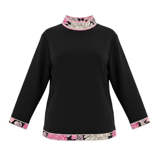 75f10 LEONARD FASHION レオナール ロングスリーブカットソー ハイネック カンカン素材 切替花柄プリント サイズL ブラック ピンク レディース 女性服u02t