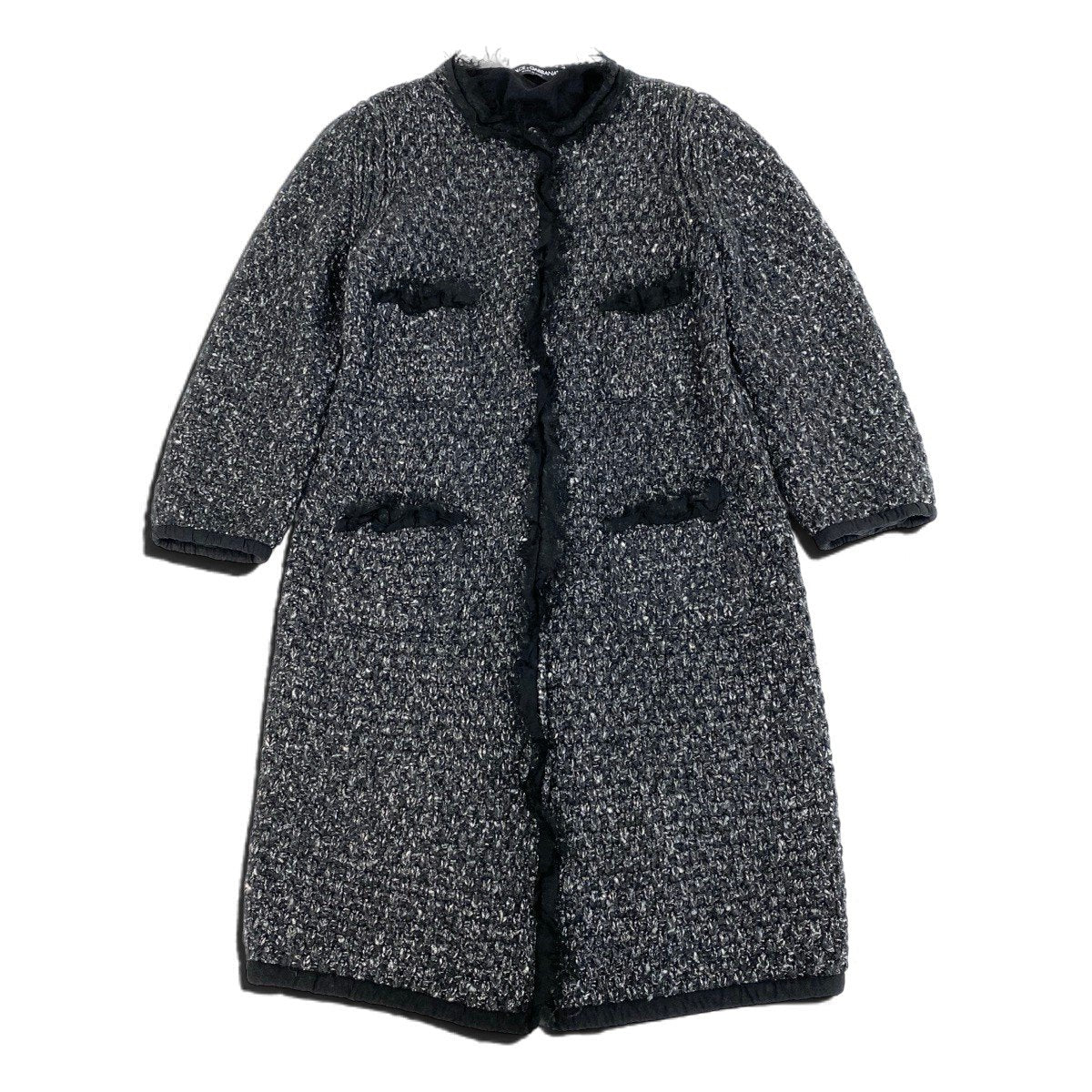 Ej19 DOLCE＆GABBANA ドルチェアンドガッバーナ ツイード ノーカラーコート サイズ42 ブラック レディースo07t