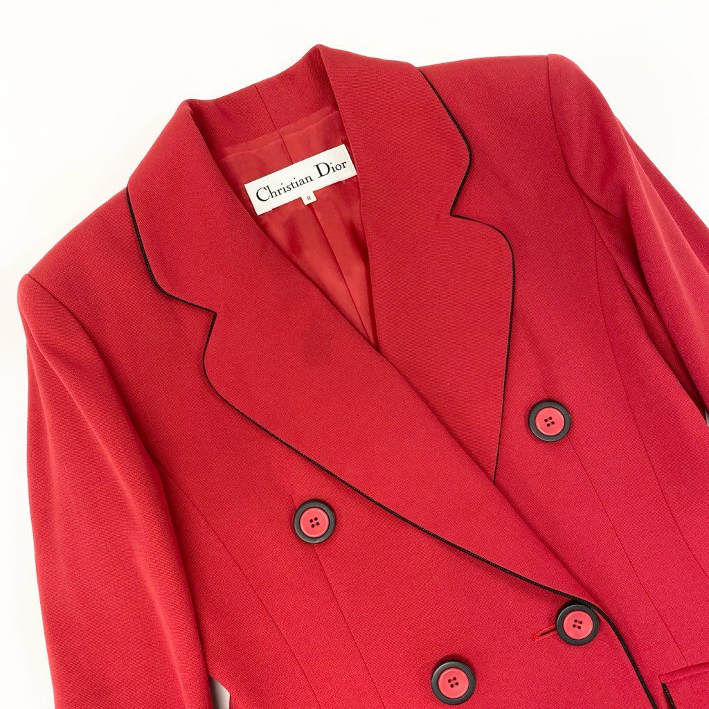 42a27 Christian Dior クリスチャンディオール Vintage テーラードジャケット ブレザー ダブルブレスト パイピング 9サイズ レッド ブラック レディース 女性用o07t