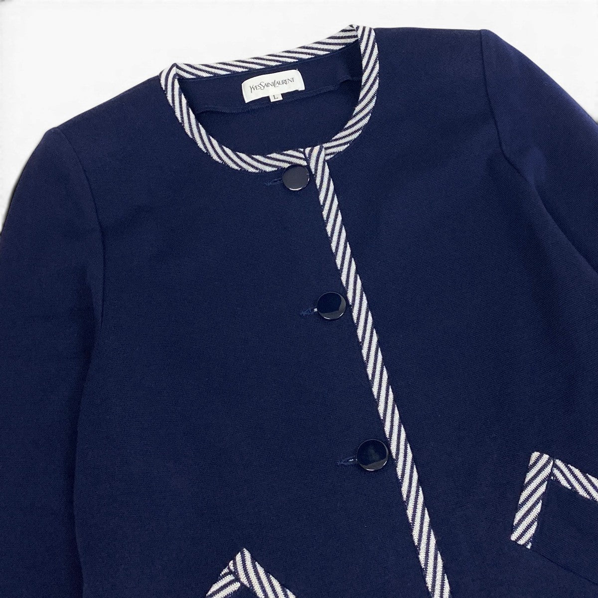 Eg11 YVES SAINT LAURENT イヴサンローラン ノーカラー ニットコート ストライプ柄 サイズL ネイビー レディースo07t