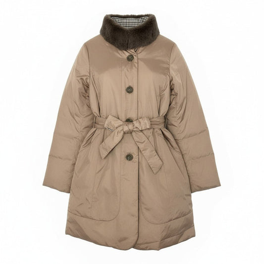 42a27 Aquascutum LONDON アクアスキュータム リバーシブル ダウンコート 2way レッキスラビットファー チェック柄 レディース サイズ8 ベージュo07t