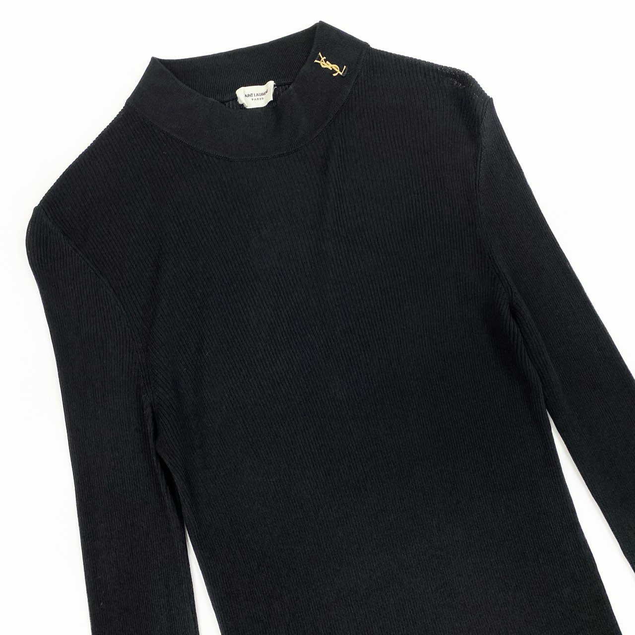 31b11【美品】SAINT LAURENT サンローラン 2023SS YSLロゴ リブニット シルクニットセーター Mサイズ ブラック シルク100％ レディース 女性用k02i