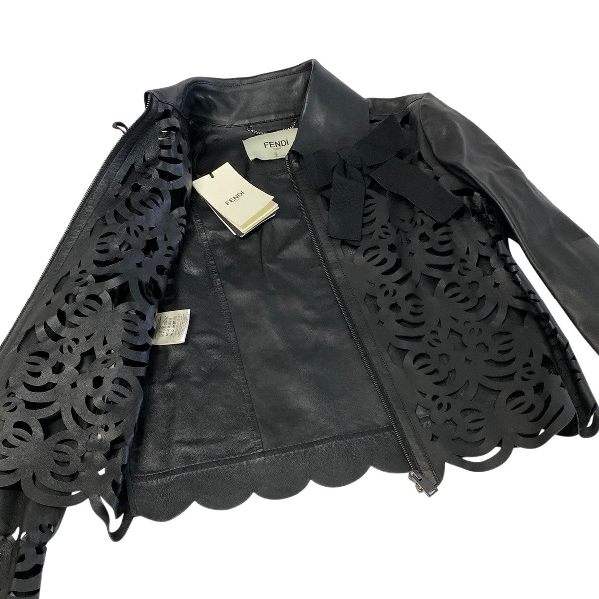 j23 FENDI フェンディ レーザーカット レザージャケット Laser-Cut Lamb Leather Jacket Size 40 ブラック 羊革 ラムレザーt18r