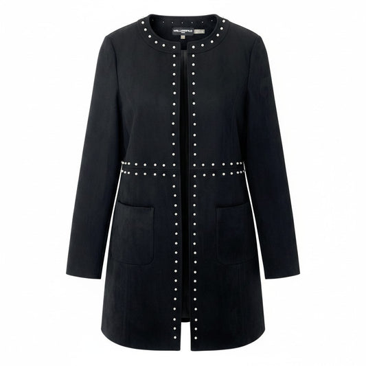 71e8 KARL LAGERFELD PARIS カール ラガーフェルド パリ ノーカラースウェードコート パール装飾 サイズ6 ブラック レディース 女性用u02t